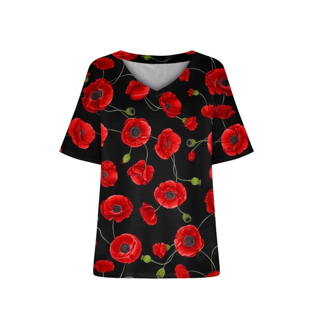 Camiseta de manga corta plisada elástica con cuello en V y estampado floral de talla grande para mujer OAVQHLG3B Store lin121212