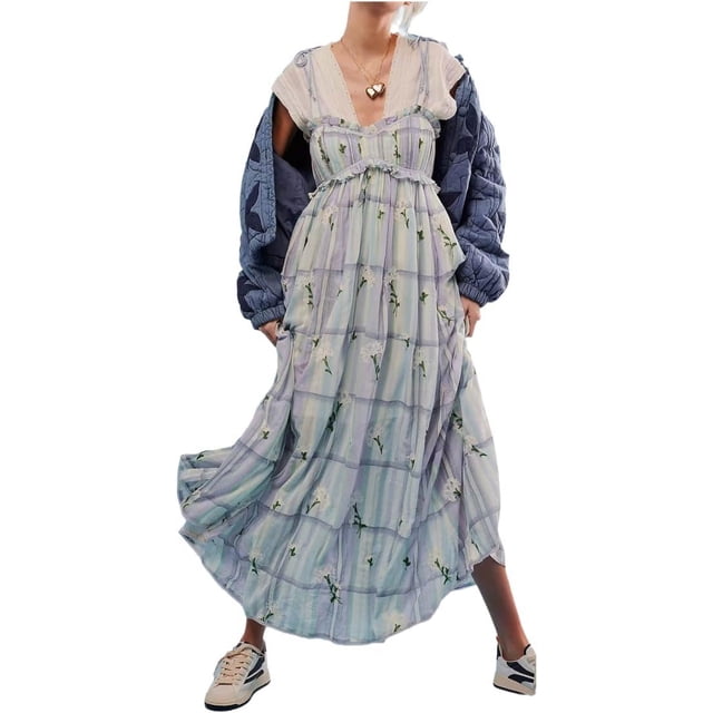 Brewee Robe Bohème à Imprimé Floral Été 2024 pour Femmes Bretelles Spaghetti Volants Robe Longue Maxi de Plage