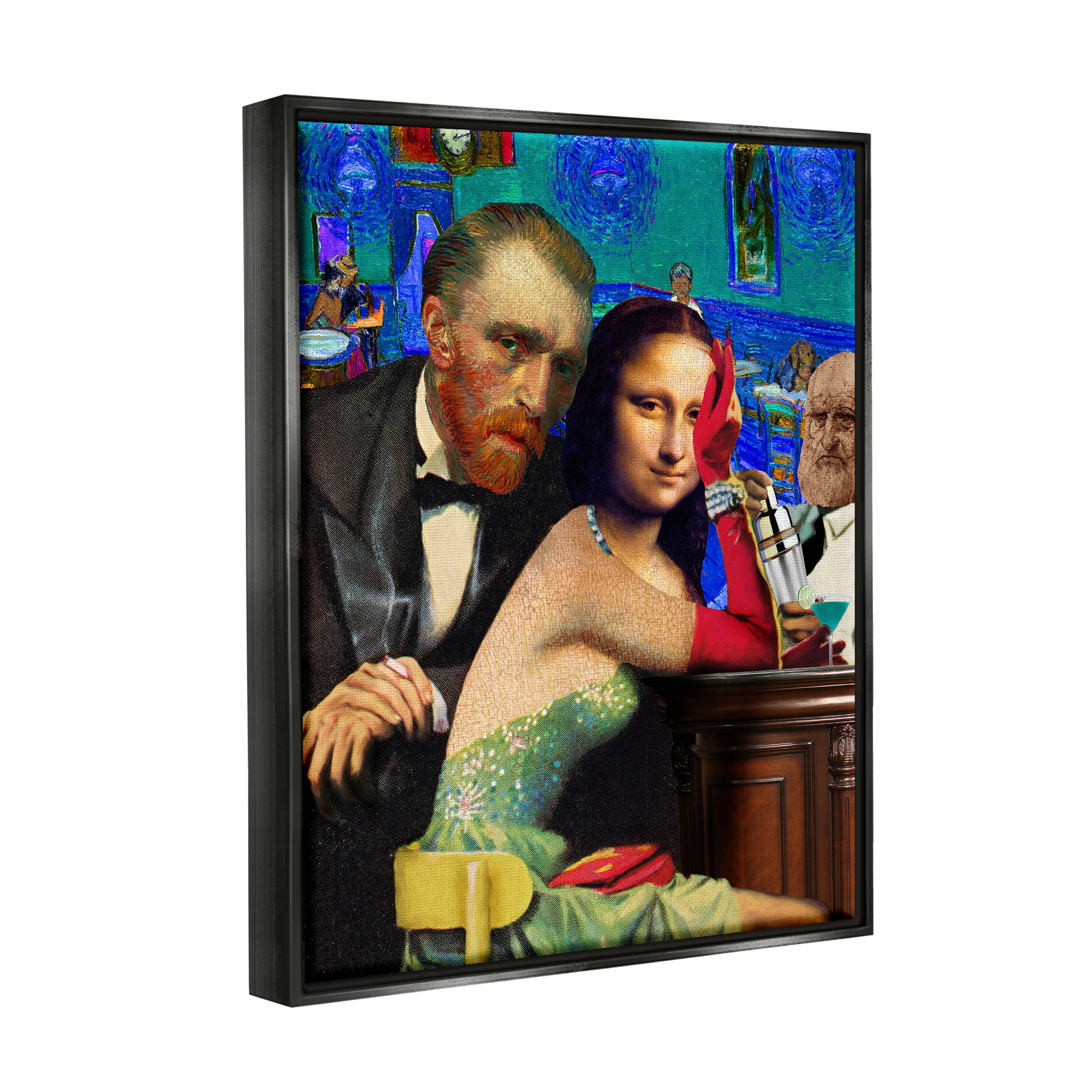 Stupell Industries Van Gogh & Mona Lisa Novelty Painting Black Floater Framed Canvas Art Print Wall Art, 17 x 21