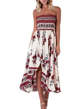 Maxi Dresses for Women, Vintage Floral Print Summer Beach Dress, Strapless ,M