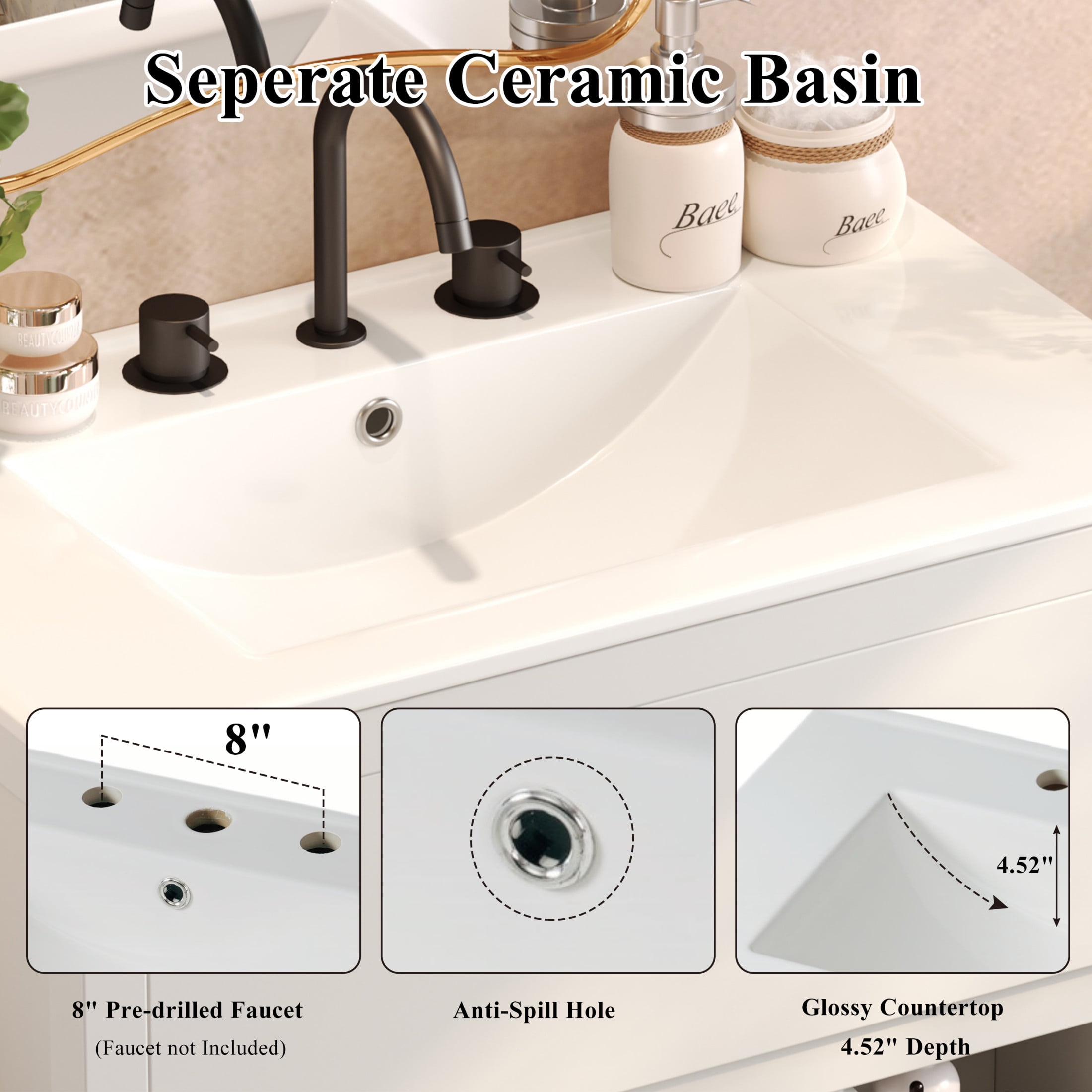 Christopher Knight Home 30" Bathroom Vanity with Sink, Soft-Close Drawers & Beveled Handleless Design, White