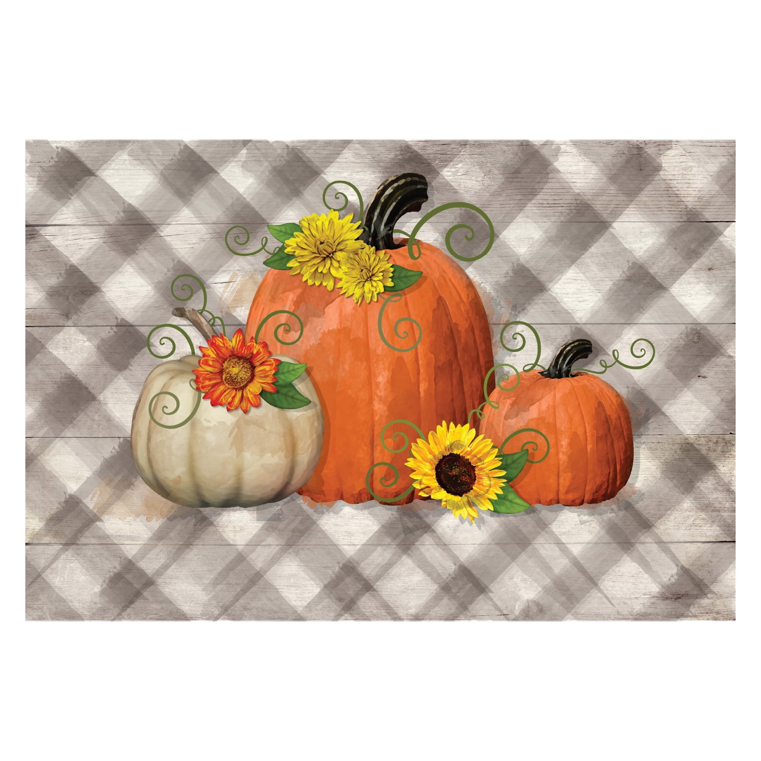 Personalized Planet 27x18 Happy Harvest Pumpkins Doormat with Custom Family Name Printed on Gray Rectangular 1/4” Thick Non Slip Mat for Kitchen Hallway Deck or Porch