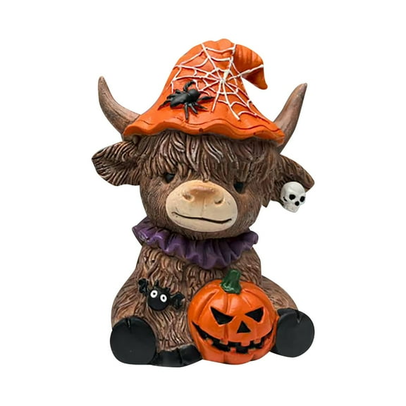 Clearance Highland Cow Figurines Halloween Themed Resin Statues with Pumpkin, Skull & Spider Accents, Ideal for Home, Garden, Kitchen, Office Decor & Calf Lovers Gifts