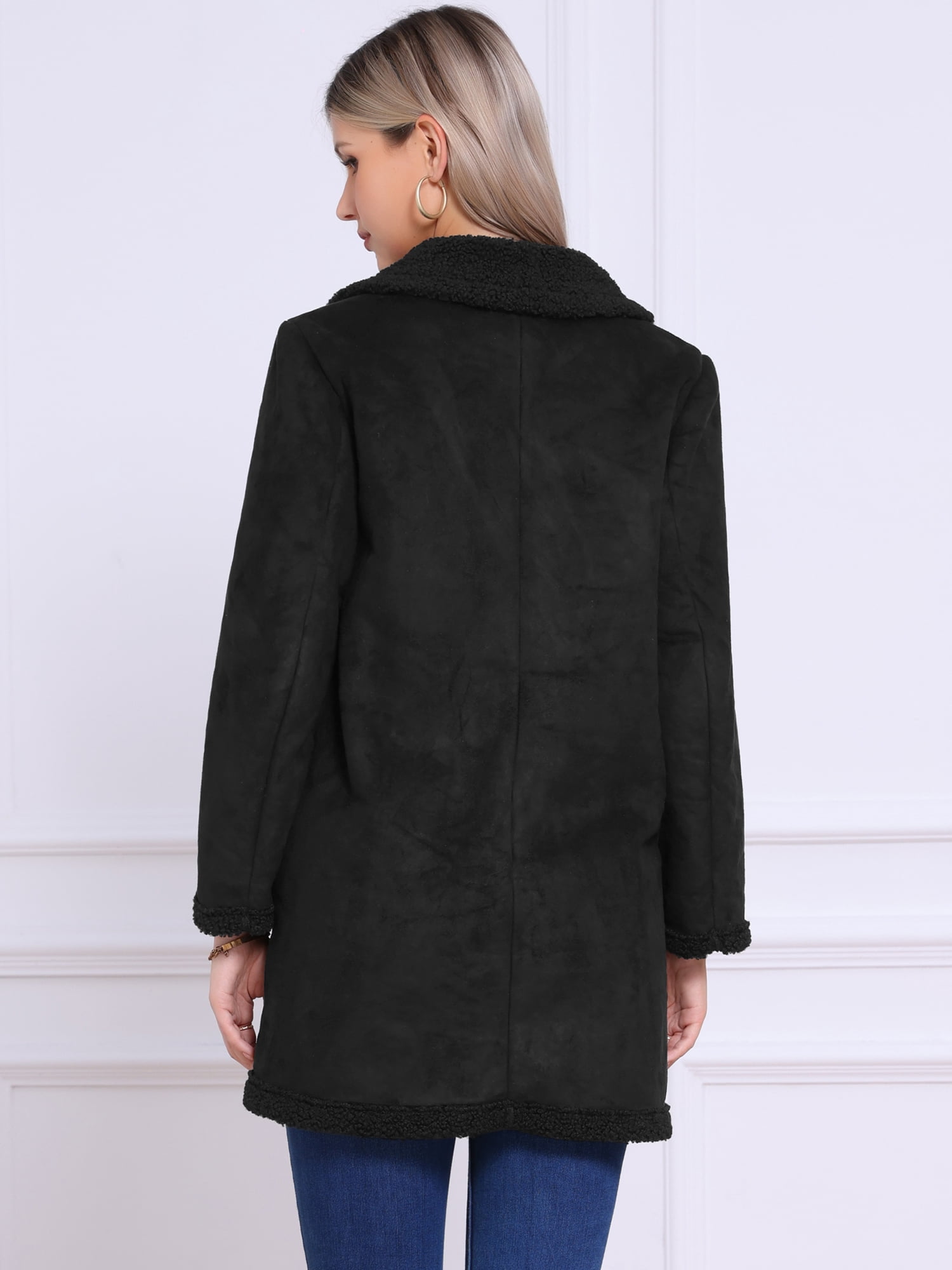DARING DIVA Women's Faux Suede Coat Double Breasted Warm Teddy Jacket S Black