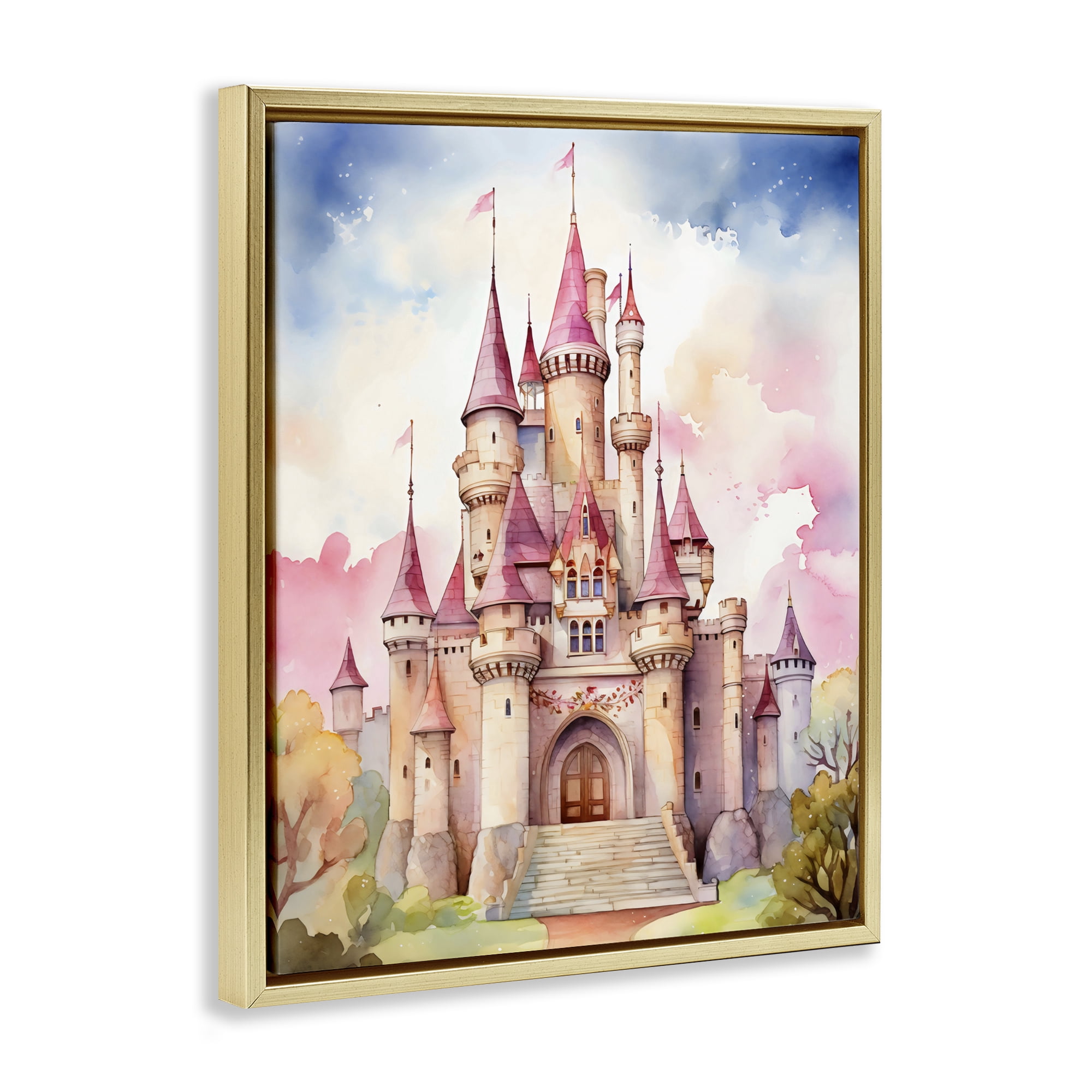 Stupell Industries Princess Castle Watercolor Portrait Gold Framed Floater Canvas Wall Art, design by Creative Studio