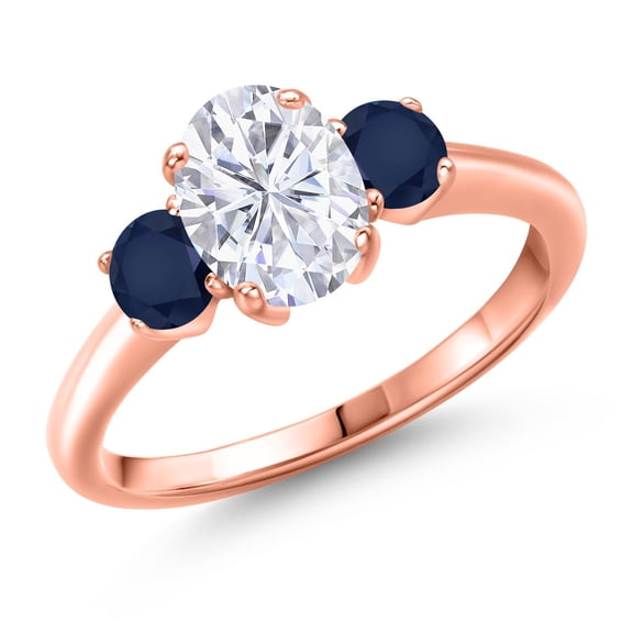 Gem Stone King 18K Rose Gold Plated Silver Blue Sapphire Ring Set with Moissanite (2.20 Cttw)