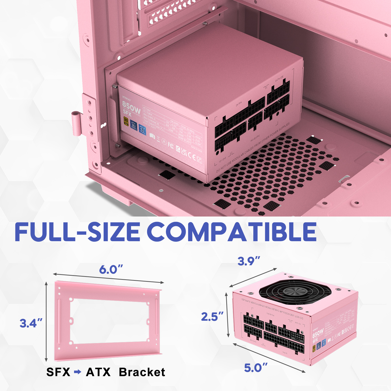 Vetroo 850W SFX Power Supply ATX 3.1 & PCIE 5.1 Ready, 80 Plus Gold Certificate Fully Modular, 90mm FDB Fan for Low-Noise Operation, SFX-to-ATX Bracket, 10-Year Warranty - Pink