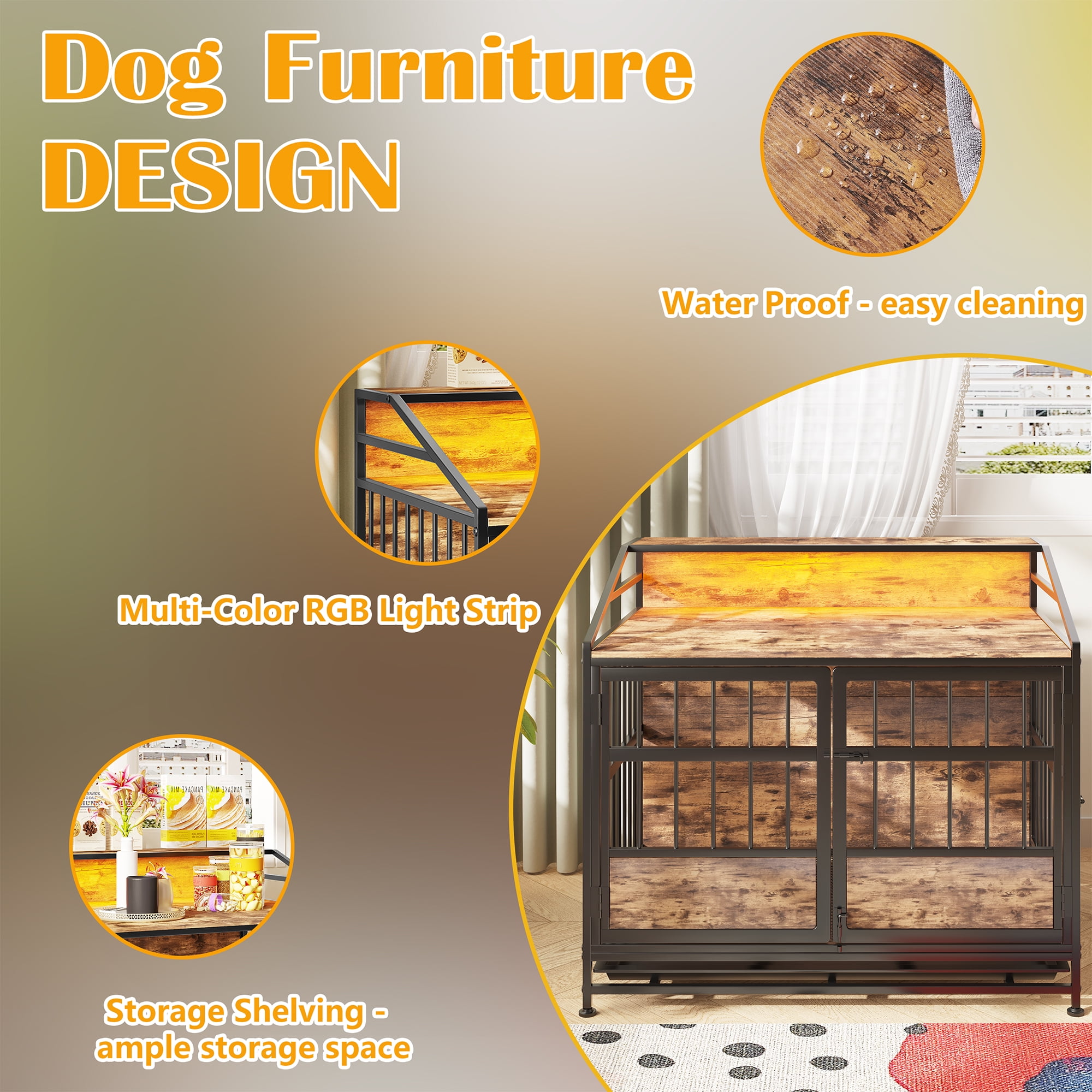 Dog Crates with Storage, Dog Crate Furniture Large Wooden Dog Kennel with Double Doors, for Large/Medium Dog Indoor, Brown