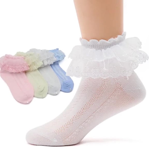 LYMAYTER 4 Pack Dress Socks for Toddler Summer Double Ruffle Ankle Socks Teen Girls Cute Mesh Socks‌ 1-15Y