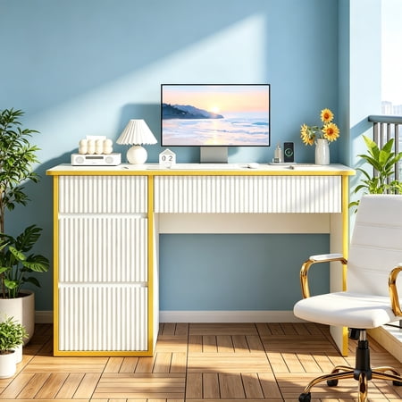 4 Ever Winner White Desk with Drawers, Computer Desk with Storage, Writing Desk for Bedroom, White and Gold Desk