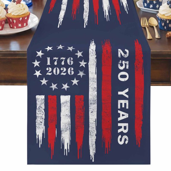 4th of July Table Runner 250th Years Table Runners Patriotic Stars American Flag Cotton Linen Dresser Scarf Kitchen Dining Table Decor for Independence Day Memorial Day Party Decor 13x72 Inch