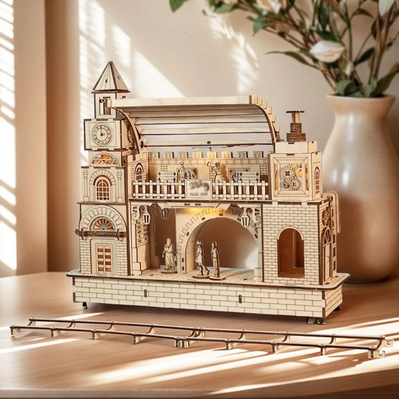 3D Puzzles Night light DIY Retro Train Station Assembly Kit for Adults with Track Figures Christmas Birthday Gifts Hobbies for Women