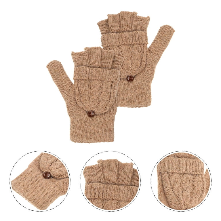 Women Winter Warm Wool Knitted Convertible Fingerless Gloves With Mitten  Cover (Brown) 