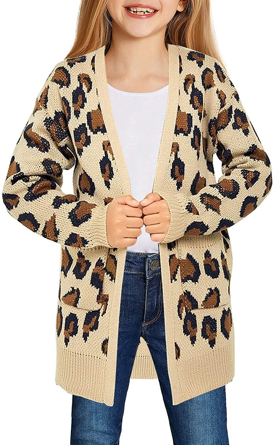 Vetinee Girls Cardigan Sweater Leopard 
