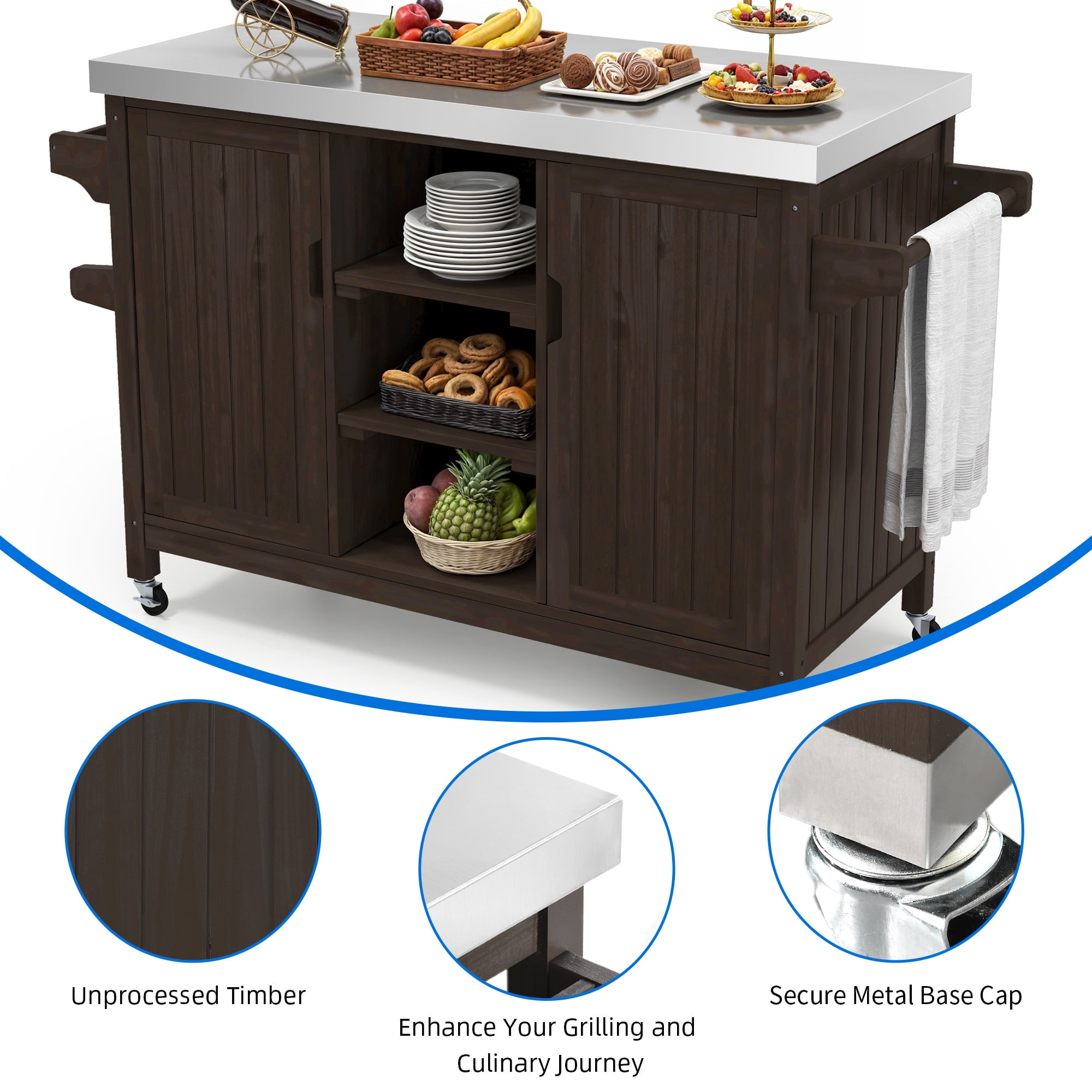Uforic Outdoor Movable Grill Cart Storage Cabinet, MultiFunctional BBQ Grill Bar Cart, Bar, Prep Table, Rolling Kitchen Island - Brown