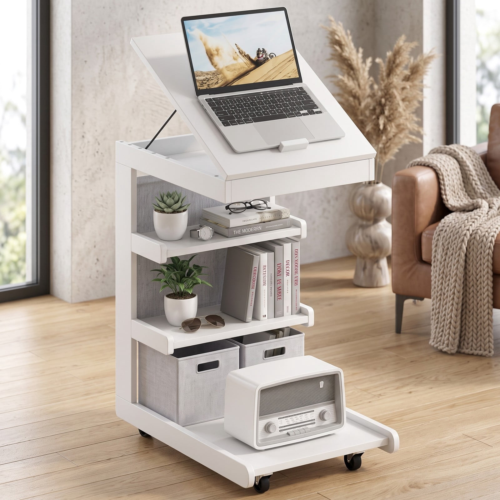 Furnibear C Shaped End Table with Wheels and Adjustable Desktop, Mobile Sofa Side Table with Hidden Compartment and 3 Storage Shelves for Bedside Couch Living, White