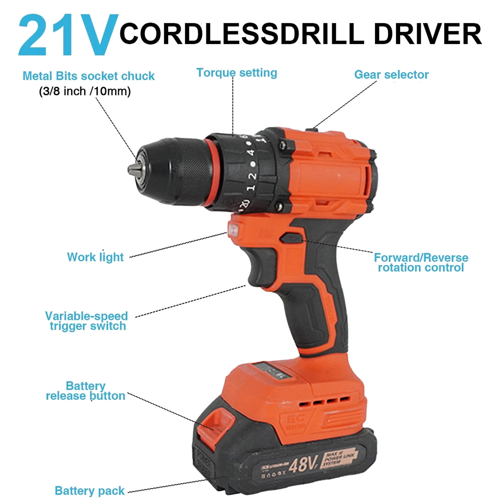 SUSUZI 48V Cordless Drill Set - 60Nm Max Torque, 34Pc Accessories, 2-Speed (0-1300 RPM), 3/8" Keyless Chuck, LED Light & Fast Charger - Power Drill for Wood/Metal/Brick DIY Projects