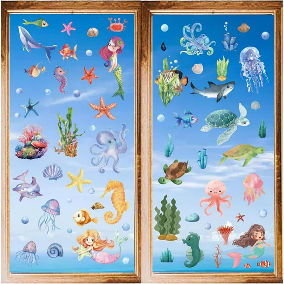 8 Styles Ocean Wall Stickers Cling Marine Animal Window Stickers Decals Cartoon PVC Waterproof Self Adhesive Stickers Peel and Stick for Home Stairway Bedroom Living Room Showcase