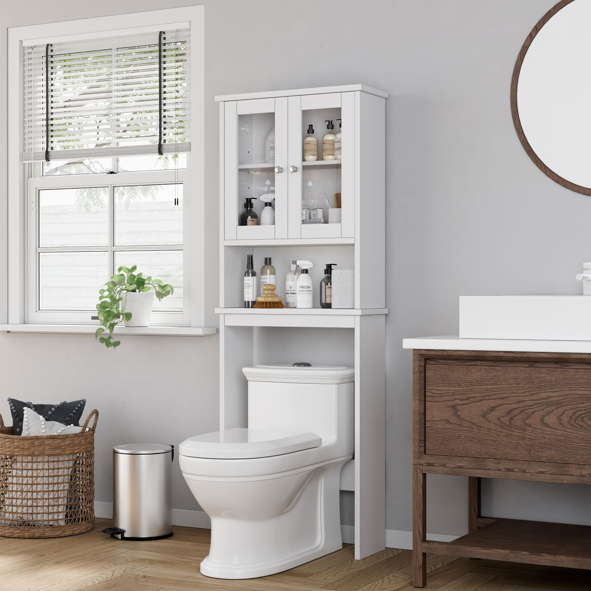 Walsunny Over The Toilet Storage Cabinet Bathroom Shelves Organizer Space Saver Freestanding Restroom Shelf with Tempered Glass Doors Anti-Tip Device Adjustable Shelf White
