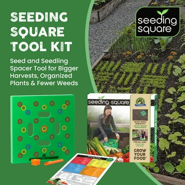 Seeding Square - Seed and Seedling Spacer Tool for Bigger Harvests, Organized Plants & Fewer Weeds – Color-Coded Gardening Template with Magnetic Dibber, Ruler & Planting Guide