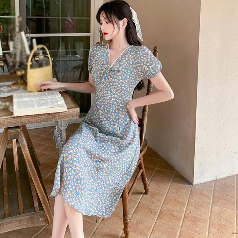 Women's 2021 New Slim Dress Korean Floral Printed Chiffon Dress Large  Size | eBay