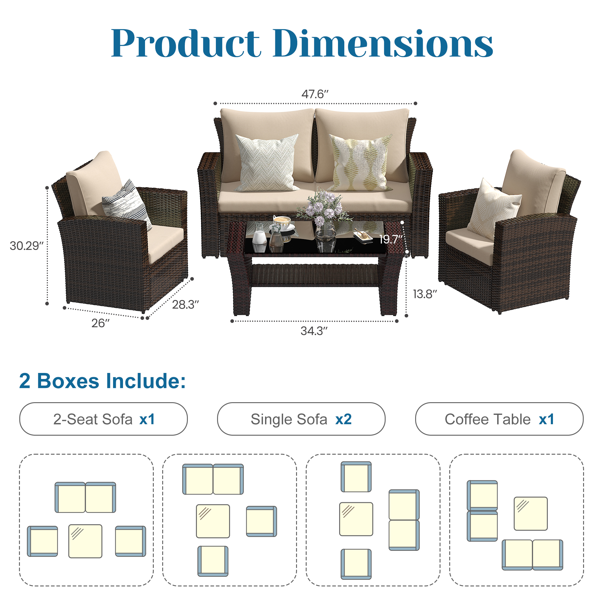 Heynemo 4 Seater Outdoor Patio Furniture Set, Rattan Wicker Patio Sectional Set with Coffee Table, Brown