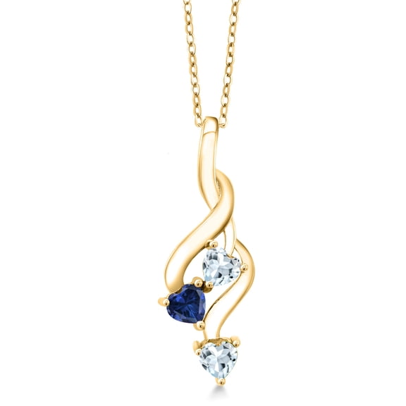 18K Yellow Gold Plated Silver Sky Blue Aquamarine and Blue Created Sapphire Pendant Necklace for Women (1.00 Cttw, Gemstone March Birthstone, Heart Shape 4MM, with 18 inch Silver Chain)