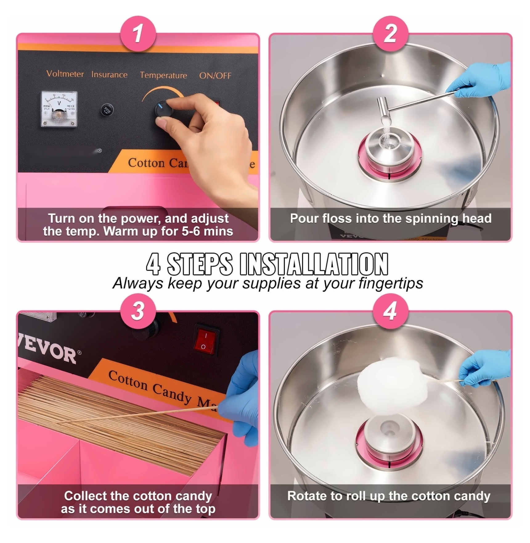 Electric Cotton Candy Machine, 1050W Candy Floss Maker, Commercial Grade with Stainless Steel Bowl, Pink, for Home Parties & Events