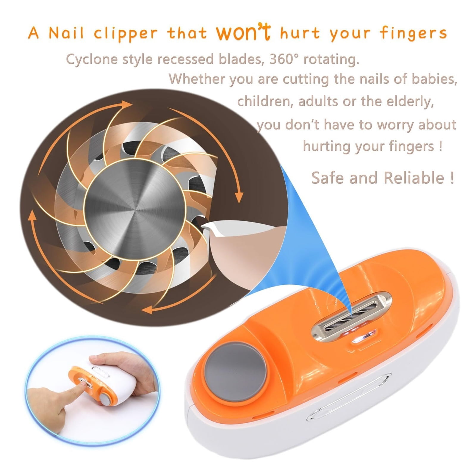 Automatic Nail Clipper, 3 in 1 Electric Nail Trimmer with Polisher & Light, Portable Fingernail Cutter Grinder with Scrap Storage, Rechargeable Safety Manicure for Caregiver, Senior, Kid (Orange)