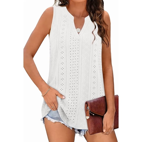 Tank Top for Women Loose Fit Sleeveless V Neck Camisole Dressy Casual Eyelet Summer Flowy Vest Blouse White XXL