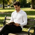thumbnail image 7 of Satingcolo Men's Long Sleeve Polo Shirt Ribbed Knit Casua Button Down Collar Solid Color Workout Smart Casual Tops,White S, 7 of 7