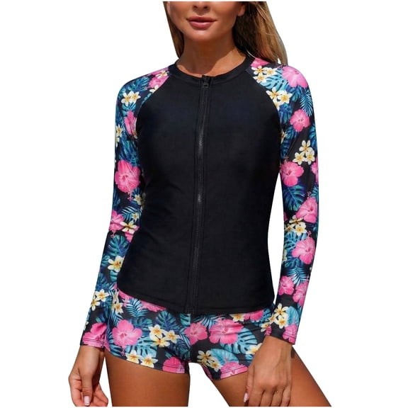 QSAWXQZ Women's Two Piece Rash Guard Set Long Sleeve Zip up Floral Print Sun Protection Bathing Suit with Shorts for Surfing Pink L