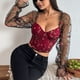 thumbnail image 4 of Top de moda para mujer con bordado de malla de retazos, top de manga larga de corte bajo, top de poliéster para mujer, 4 of 5