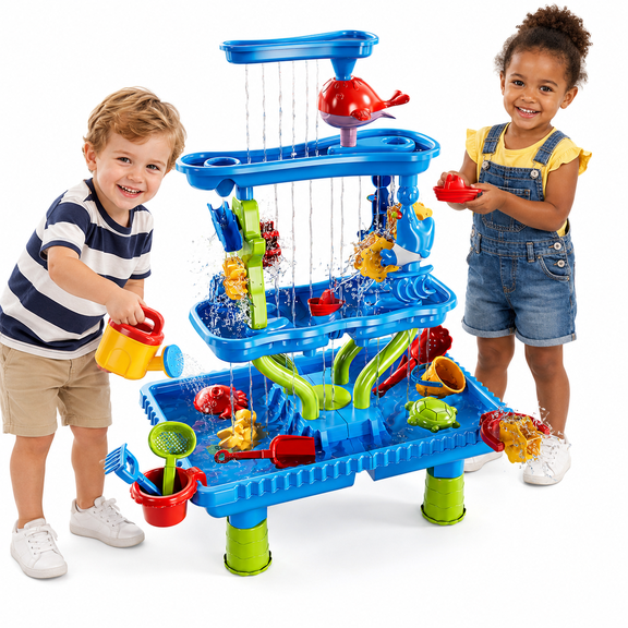 Lucky Doug 4-Tier Water Table Sand Beach Outdoor Toys, Kids Outdoor Toys Water Play Set for Toddlers Boys and Girls Ages 2-6 Years Old