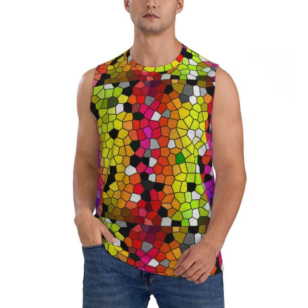 Fotbe Colorful Tie Dye Stained Glass 1 Men's Camiseta sin Mangas Estampada para Hombres, Playera Casual para Gimnasio, Entrenamiento, Playa-Small