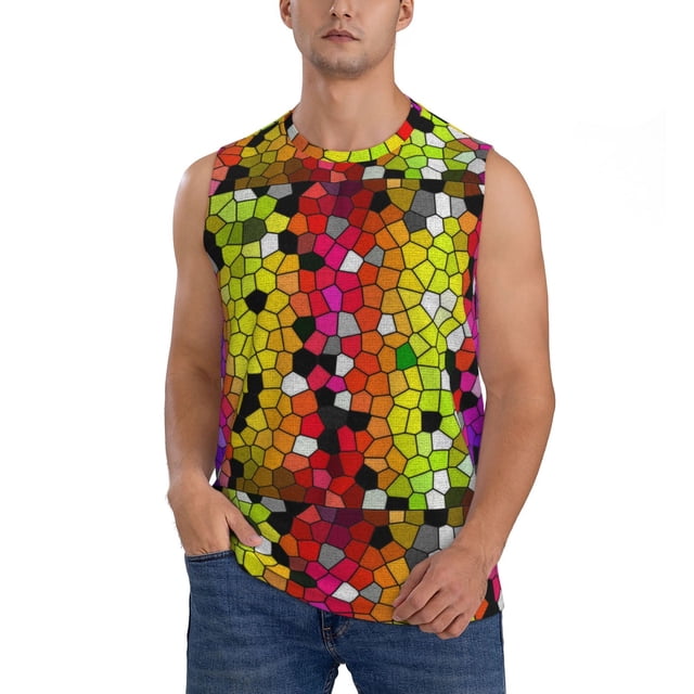 Fotbe Colorful Tie Dye Stained Glass 1 Men's Camiseta sin Mangas Estampada para Hombres, Playera Casual para Gimnasio, Entrenamiento, Playa-Small