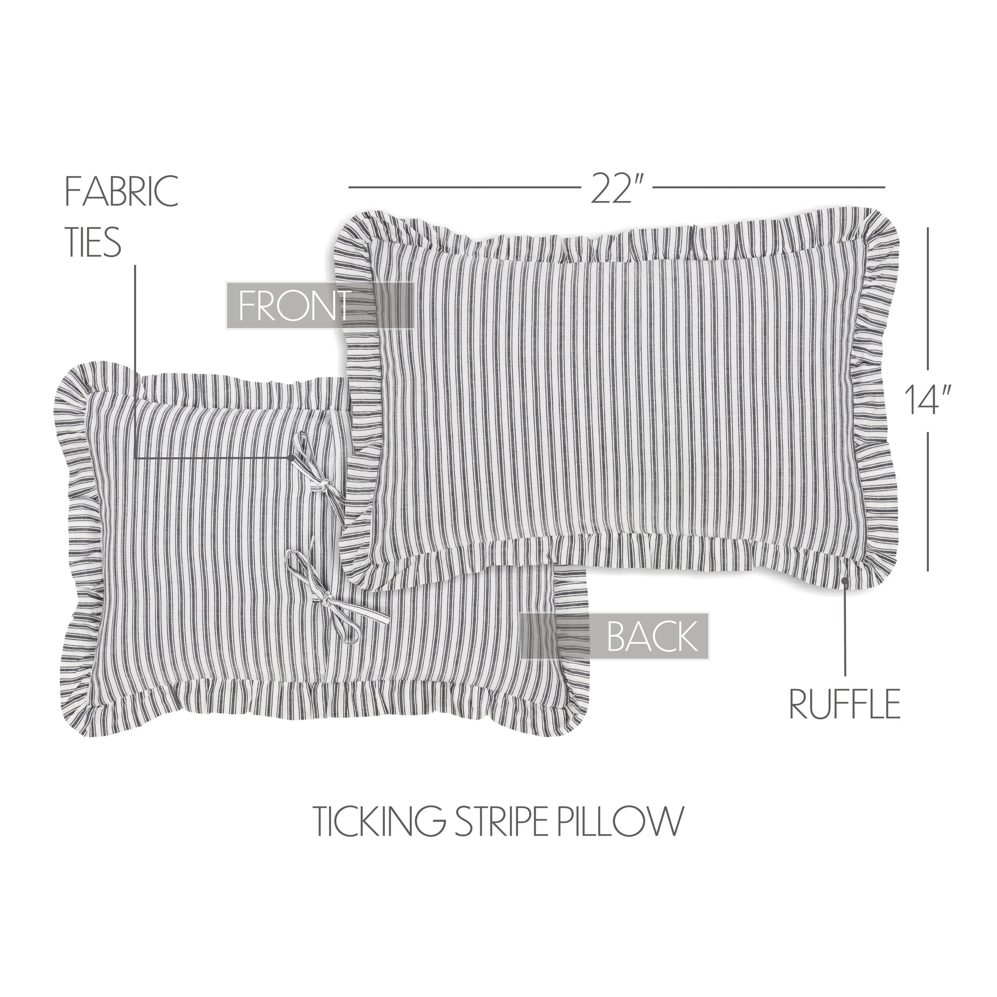 VHC Brands, Sawyer Mill Ruffled Ticking Stripe Pillow, Black, 14x22