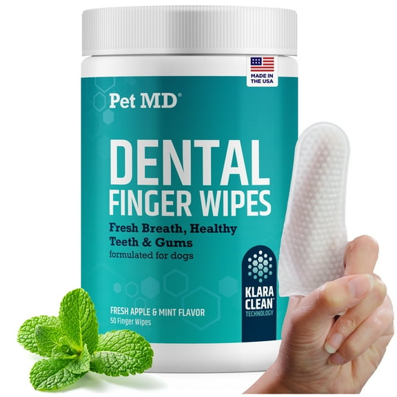 Pet MD Pet Dental Finger Wipes for Dogs - Plaque and Tartar Remover for Dogs to Improve Oral Care - Pet Teeth Cleaning Finger Wipes for Healthy Gums and Fresh Breath - Fresh Apple & Mint, 50ct