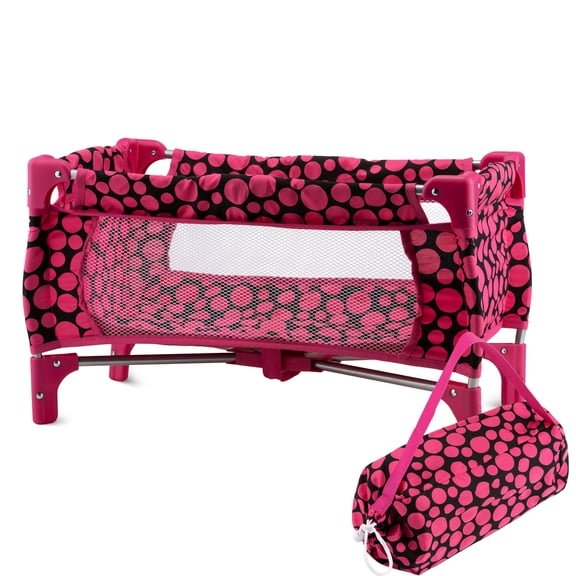 HUSHLILY - Baby Doll Playpen Toy Crib with Mattress and Carry Bag - Pink & Black Polka Dots