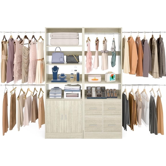 Closet System with 2 Sets, 128'' Large Closet Organizer with 4 4 Drawers & 4 Hanging Rods, Walk-in Closet Clothes Rack with Cabinet, Adjustable Garment Rack Wardrobe Set, Oak