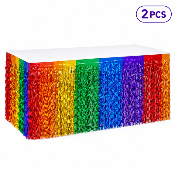 Fiesta Party Decorations, 2 Pack Cinco de Mayo Decorations Taco Wavy Metallic Tinsel Foil Fringe Table Skirts, Mexican Themed Party Table Decor