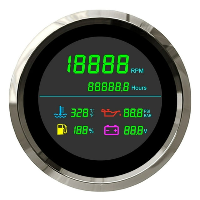 6 In 1 85mm LCD Multi-Function Tachometer Fuel Gau Water Temperature Oil Pressure Voltmeter Hour Meter For Boat Car ,Universal Compatibility