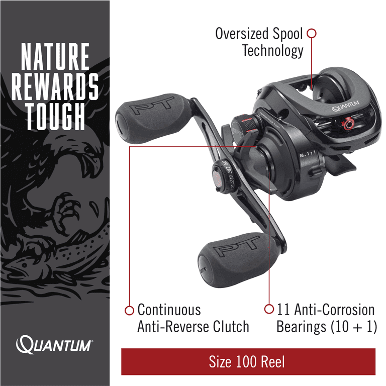 Quantum Smoke Baitcast Fishing Reel, Size 100 Reel, Right-Hand Retrieve,  Large EVA Handle Knobs and Continuous Anti-Reverse Clutch, 10+1 Bearings