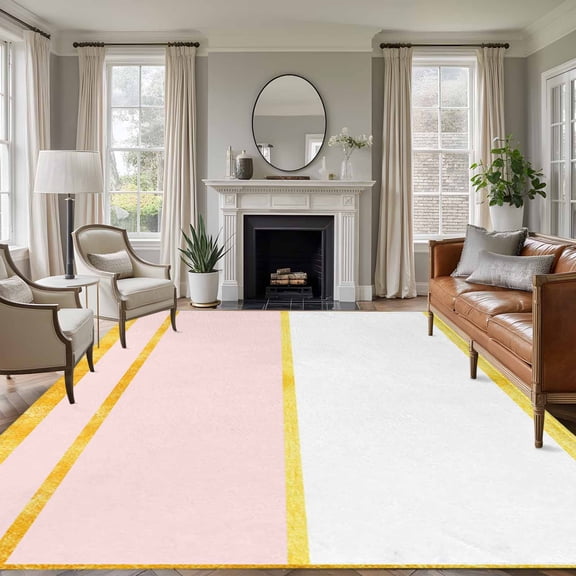 Rectangle Area Rugs 5 x 8 Ft, Modern Pink Gold Non-Slip Residential Carpet, Minimalist Geometric Yellow Striped Indoor Crawling Mats Runner Rugs for Living Room/Dining Room/Bedroom