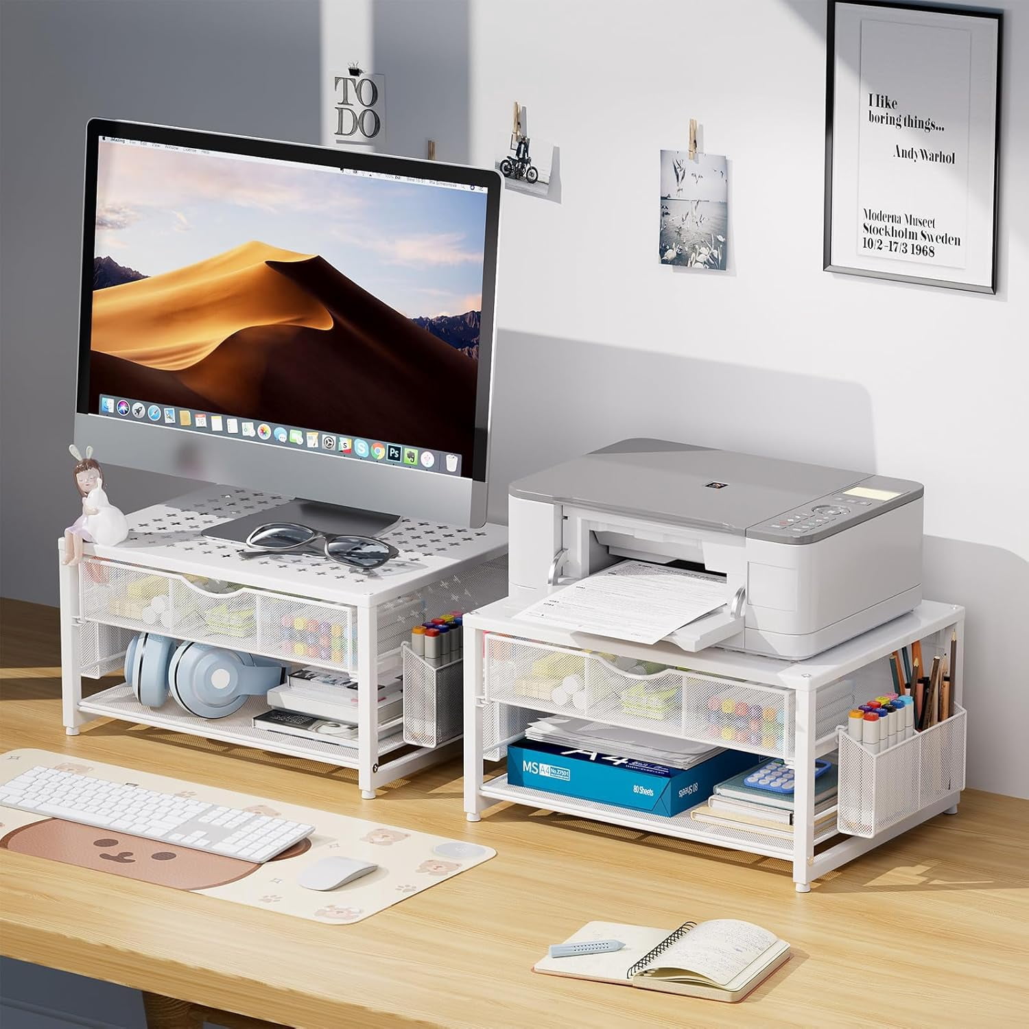 Metal Printer Stand for Desk with Storage Drawer and 2 Pen Holders, 2-Tier Desktop Organizer Printer Table for Home Office, Multi-Purpose Desk Organizer for Fax Machine Scanner Files(White)