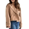 thumbnail image 2 of Women Crop Double Breasted Pea Coat Work Office Cropped Jacket with Pockets Khaki XL, 2 of 9