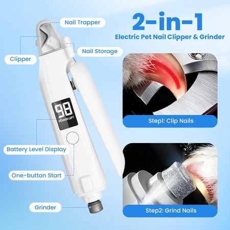 ABSOKE 2-IN-1 DOG CAT NAIL CLIPPERS AND GRINDER WITH 2 LED LIGHTS ,SPLASH GUARD,USB RECHARGEABLE FOR SMALL MEDIUM LARGE DOGS CATS