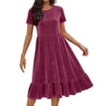 thumbnail image 1 of JGGSPWM Robe Vintage en Velours pour Femme Couleur Unie Ample Col Rond Manches Courtes Taille Élastique à Volants Superposés Ligne A Fluide Robe Maxi Rose G, 1 of 9