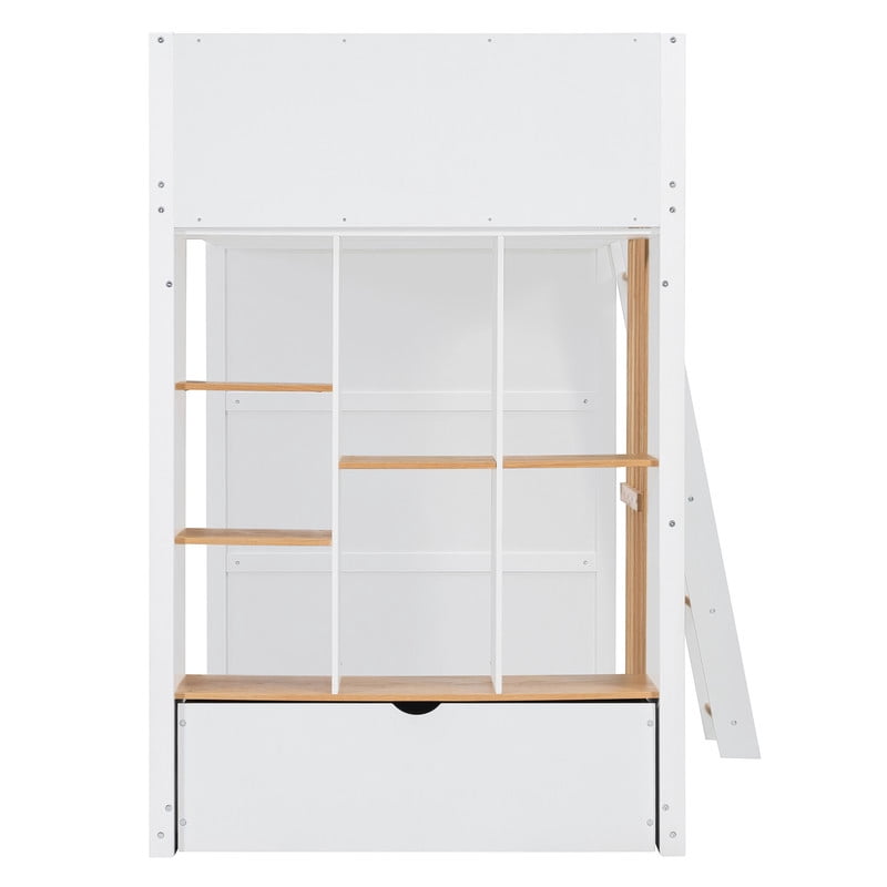 Twin Size Kids Loft Bed with Shelves, Wooden High Profile Teens Storage Bed Frame with Ladder and Removable Large Drawer