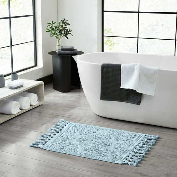 Jean Pierre Ricardo Cotton Fringe 17 x 31 in. Bath Rug, Light Blue